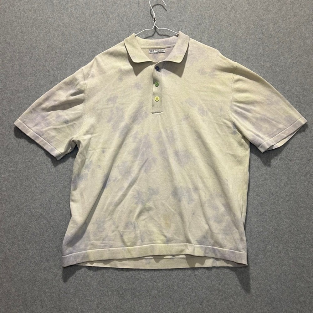 Zara Mens Cream Purple Tie Dye Knit Polo Shirt Short Sleeve Size S-M